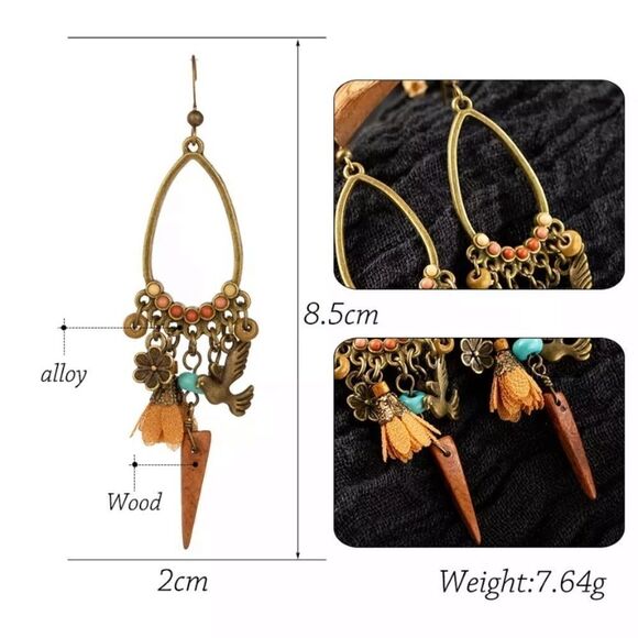 Bohemian Teardrop Dangle Earrings Neutral Boho Bird Floral - Picture 3 of 3